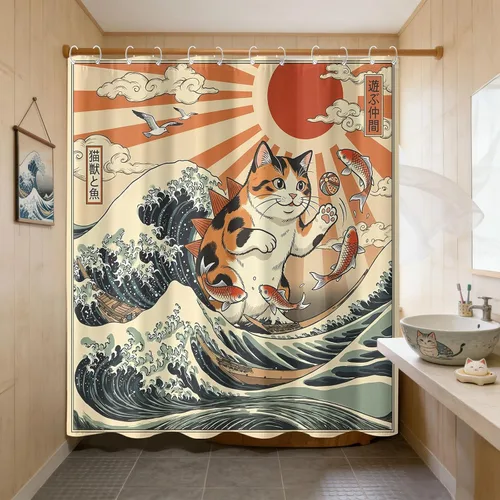 Miniatura 10 de Juego de cortinas de ducha relajadas con diseño de ondas de arte japonés impermeable, cortina de ducha para baño, divertida escena de vacaciones