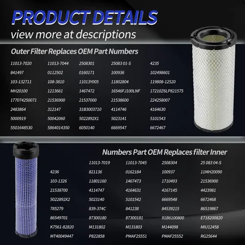 Miniatura 5 de Para Kawasaki 11013-7044 y 11013-7045 Limpiadores de filtro de aire interior y exterior Combo OEM para Donaldson Kohler 25-083-01-S P821575 y P822858