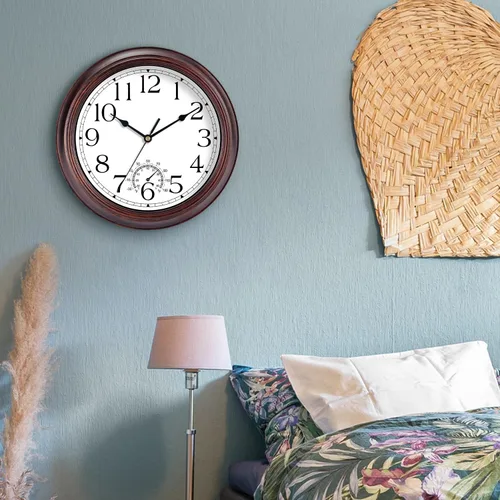 Miniatura 5 de KECYET Reloj de pared para exteriores de 14 pulgadas con termómetros, reloj de pared silencioso vintage que funciona con pilas, reloj retro sin