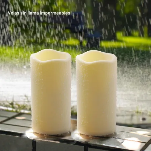 Miniatura 5 de Paquete de 2 velas de plástico sin llama para exteriores con control remoto y temporizador, velas LED parpadeantes que funcionan