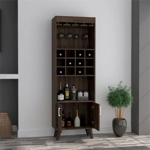 Miniatura 4 de FM FURNITURE Edessa - Armario de bar con 12 cubos de vino, 2 estantes abiertos, estante de vidrio y un gabinete de doble puerta, nogal oscuro