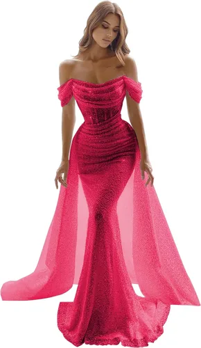 Cadoly Vestidos de fiesta de sirena con lentejuelas para mujer, vestidos brillantes con hombros descubiertos y vestidos de noche para boda