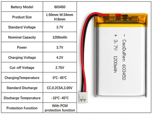 Miniatura 2 de Batería recargable de iones de polímero de litio Li Lipo de 3.7V con conector JST de 2 pines 0.079 in (603450 1100mAh)