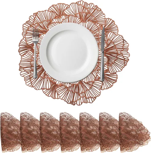 Miniatura 17 de uxcell Juego de 4 manteles individuales redondos de flores rojas para mesas de cena, manteles individuales metálicos de polivinilo prensado