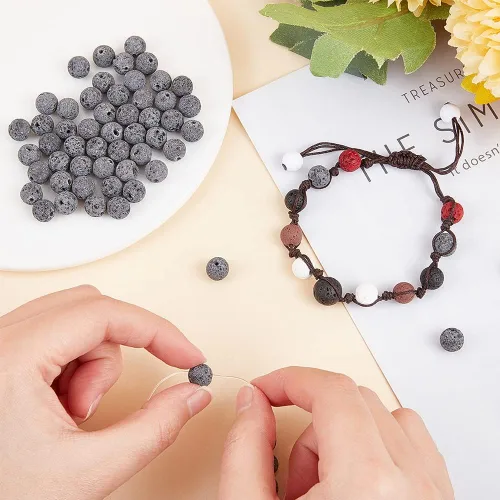 Miniatura 3 de PH PandaHall 480 cuentas de lava gris de 0.315 pulgadas con cuentas de lava natural, difusor de aceite, cuentas de chakras, cuentas redondas sueltas