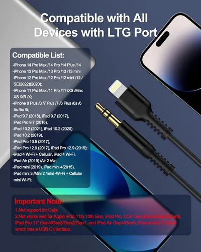 Miniatura 7 de Cable auxiliar para iPhone, cable de audio Lightning de 3.5mm con espiral, cable auxiliar macho certificado MFi de Apple para iPhone 14 Pro Max 13