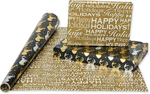 Miniatura 5 de American Greetings - Rollos de papel de regalo de Navidad de aluminio, envoltura de regalo festiva metálica en amarillo dorado y negro