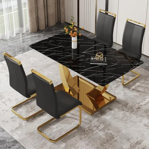 Miniatura 3 de Juego de mesa de comedor de 63 pulgadas para 4, juego de mesa de comedor dorado moderno para 4, juego de mesa de cocina de mármol sintético con negro