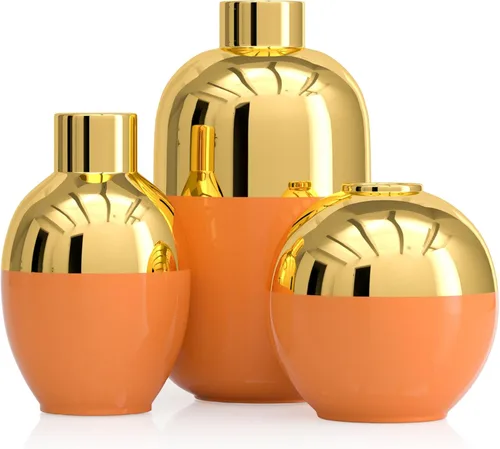 Miniatura 7 de Juego de 3 jarrones de cerámica dorados brillantes, jarrones decorativos modernos redondos dorados para decoración de zacate de las pampas