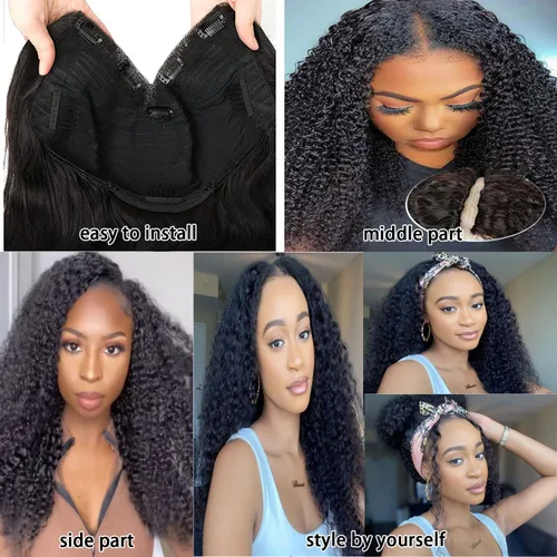 Miniatura 3 de Pelucas de Raya en V Rizadas con Forma de V para Mujeres Negras, Sin Mechas Fuera, Mejora de Raya en U, Sin Pegamento, Peluca Completa con Clip