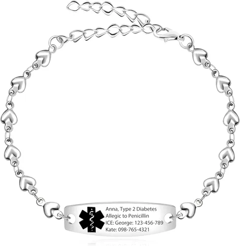 Pulsera de símbolo médico de plata grabada con láser, alerta de salud grabada en forma de corazón, adecuada para primeros auxilios de emergencia