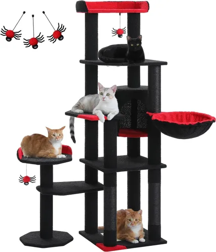 MUTTROS Árbol gótico para gatos de 59 pulgadas con cama de ataúd, torre negra para gatos de interior con amplio condominio para gatos y hamaca