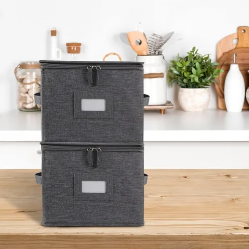 Miniatura 2 de popoly Paquete de 2 cajas de almacenamiento para platillos de 7", contenedor de almacenamiento de vajilla con 24 divisores de fieltro para cuencos