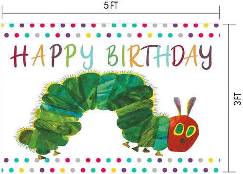 Miniatura 2 de Fondo de fotografía de feliz cumpleaños, fiesta temática de oruga de 5 x 3 pies, diseño de insectos de color arco iris, dibujos animados para niños