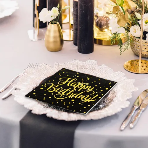 Miniatura 5 de JarThenaAMCS 80 servilletas de feliz cumpleaños, servilletas de cóctel con puntos negros y dorados, servilletas de papel desechables para fiestas