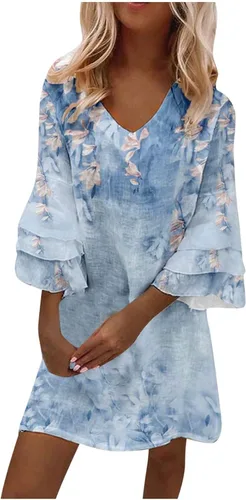 Mini vestidos de viaje de manga 34 para mujer, cuello en V, ajuste a la cadera, vestido de túnica de verano, de poliéster, cómodo, estampado,