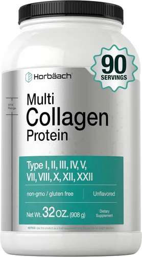 Horbaach Multi Collagen Protein Powder 32 oz | Tipos I, II, III, IV, V, VII, VIII, X, XII y XXII | Péptidos de colágeno alimentados con pasto | Apto