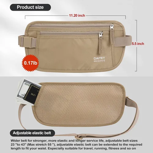 Miniatura 74 de DAITET Cinturón de dinero, soporte para pasaporte, cartera de viaje oculta segura con bloqueo RFID, riñonera encubierta (negro), Negro, Rfid