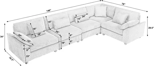Miniatura 2 de Anwick Sofá modular en forma de L de 117 pulgadas, moderno sofá modular de pana con otomana movible de 5 asientos, sofás seccionales convertibles