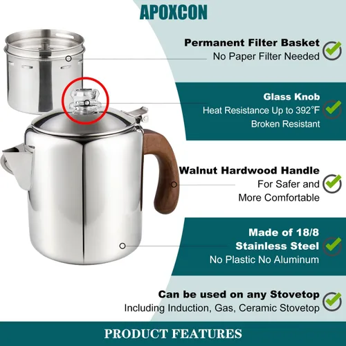 Miniatura 7 de APOXCON Cafetera de acero inoxidable con mango de madera maciza ignífuga y perilla de progreso de cerveza transparente de vidrio resistente, olla