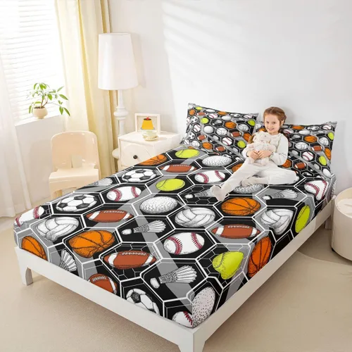 Miniatura 8 de Juego de ropa de cama para juegos de pelota, básquetbol, fútbol, sábana bajera hexagonal, geométrica, deportiva, sábana plana, béisbol, tenis