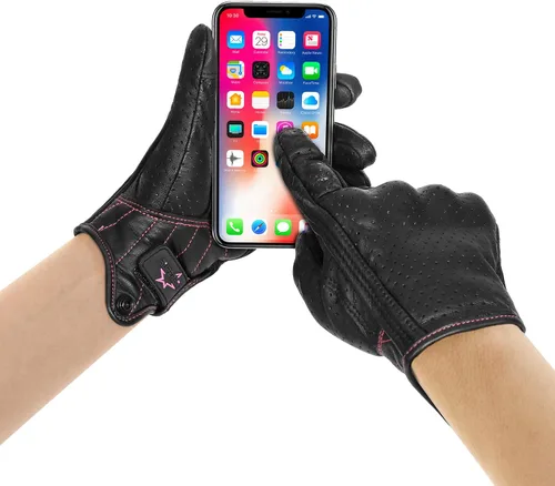 Miniatura 4 de Guantes completos de motocicleta para mujer, con nudillos reforzados, de piel blindada, para usar con pantalla táctil, S Cuero negro con línea rosa