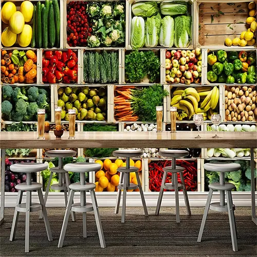 Miniatura 2 de Papel tapiz 3D de frutas y verduras, ingredientes frescos, para restaurante, supermercado, impresión fotográfica, mural panorámico para sala