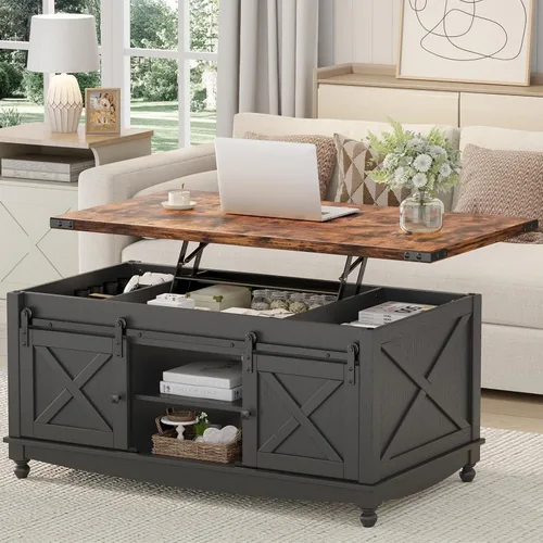 Miniatura 10 de ALLSTAND Mesa de centro elevable de 31.5 pulgadas con almacenamiento, mesas de centro de granja para sala de estar, mesa de centro cuadrada con gran
