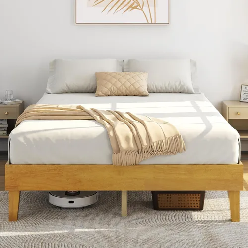 Miniatura 10 de Yaheetech Base de cama Queen con plataforma de madera maciza natural con soporte de listones de madera, espacio debajo de la cama de 7.3 pulgadas