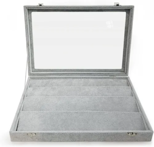 Miniatura 2 de Organizador de almacenamiento de pendientes de terciopelo de hielo con tapa transparente grande, caja de joyería, soporte para aretes, vitrina gris