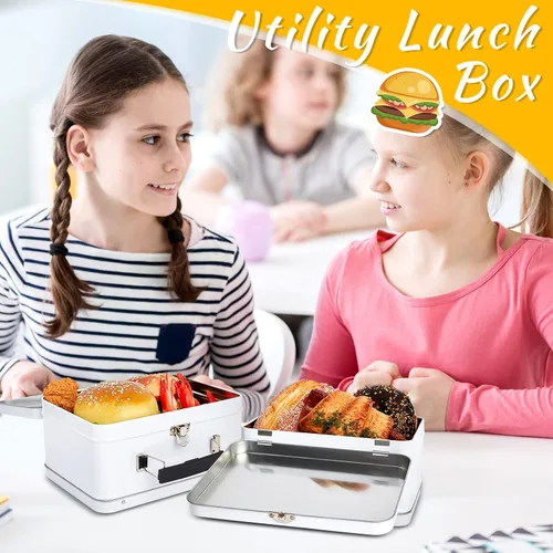 Miniatura 4 de Rtteri Paquete de 6 loncheras de lata retro de 8 x 6 x 4 pulgadas con tapas con bisagras, caja grande para almacenamiento, diseño en blanco, Plateado