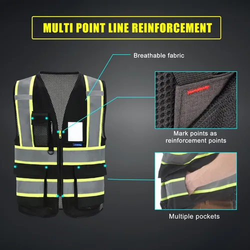 Miniatura 2 de AYKRM 11 color alta visibilidad reflectante chaleco de seguridad para mujeres hombres bolsillo cremallera ANSI/ISEA estándar Malla Negra