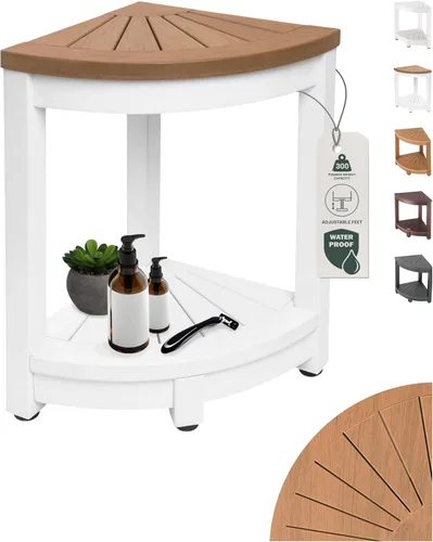 ROHKEX Taburete de ducha esquinero impermeable, paquete de 1, blanco y marrón, taburete de afeitar estable para piernas, asiento de banco de ducha