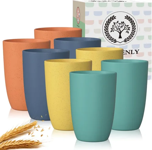 Miniatura 10 de Homienly Tazas de paja de trigo 8 piezas, tazas de plástico irrompibles, taza de beber reutilizable, apta para lavavajillas, vasos de agua con Beige