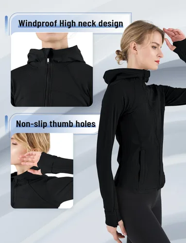 Miniatura 3 de CHAMWEY Chaquetas para correr para mujer, ajuste delgado, resistente al viento, agujeros para el pulgar, bolsillos con cremallera completa