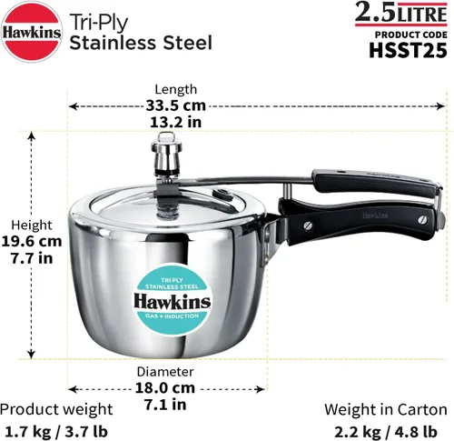 Miniatura 8 de Hawkins Olla a presión de acero inoxidable triple de 2,5 litros, cocina de tapa interior, plata (HSST25)
