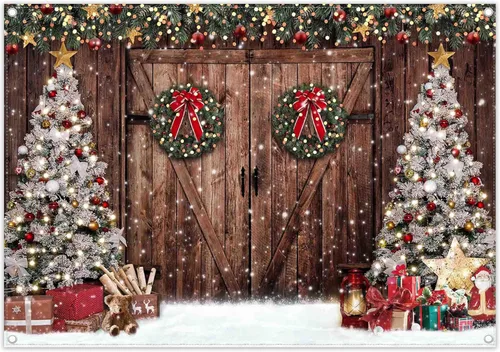 Telón de fondo de tela de 2,1x1,5 m, diseño rústico de Navidad, granero de invierno, árbol de Navidad, nieve, regalos, Papá Noel, fondo para