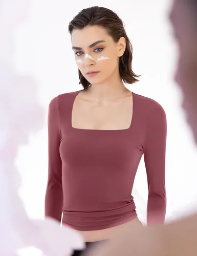 Miniatura 6 de PUMIEY Camisetas de manga larga con cuello cuadrado para mujer, ajustadas, camiseta básica Smoke Cloud Pro Collection