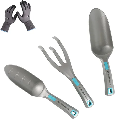 GOODSMANN Juego de herramientas de jardín, 3 piezas de aluminio fundido a presión, paleta de mano, medidas de marcador, trasplantador y cultivador,