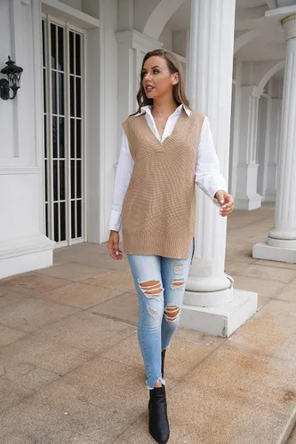 Miniatura 5 de Viottiset - Chaleco de punto de gran tamaño con cuello en V, suéter tipo túnica, para mujer