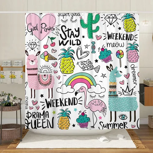Miniatura 9 de Cortina de ducha náutica para niños, azul bohemio, océano, tiburón, abstracto, dibujos animados, decoración de baño, con cortinas de ducha de tela