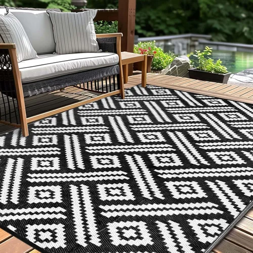 Miniatura 14 de Alfombra de paja de plástico para patio al aire libre, 5 x 8 pies, impermeable, reversible, alfombra de área, patio, caravana, porche, balcón, Azul