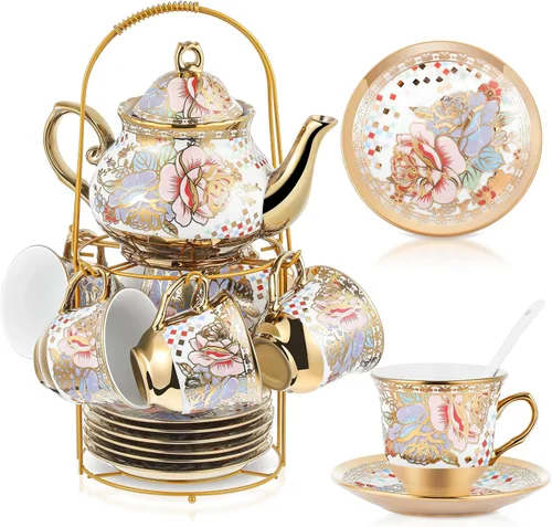Miniatura 23 de Zhehao Juego de té de porcelana de 20 piezas con soporte de metal y cuchara para adultos, juego de té de cerámica para adultos, pintura de flores