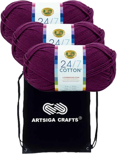 Miniatura 24 de Lion Brand 24/7 Algodón Rosa 761-101 (3 carretes - mismo lote de tinte) Hilado medio #4 de algodón para crochet y tejer con bolsa de proyecto