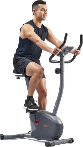 Sunny Health & Fitness Smart Stationary Exercise Upright Bike w/Pulse Sensor & 4-Way Adjustable Seat, Cycling Machine for Home Cardio Training, Free