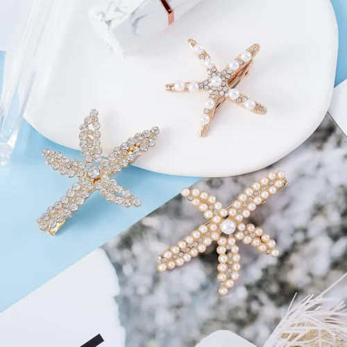 Miniatura 7 de PAGOW 3 pinzas para el cabello con estrellas de mar, pinzas de cristal con perlas de diamantes de imitación doradas, soporte para cola de caballo