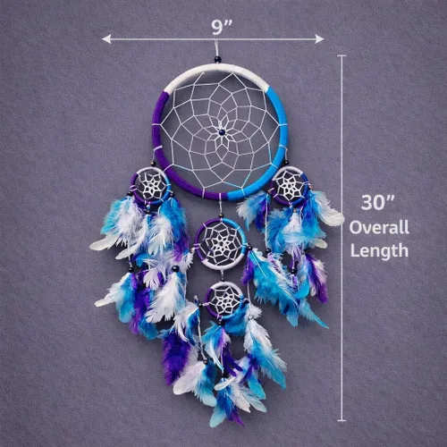 Miniatura 6 de OMA Atrapasueños – Colores tradicionales de tie-dye hechos a mano, plumas turquesa, morado y blanco – Tamaño grande – 9 pulgadas de diámetro y 30
