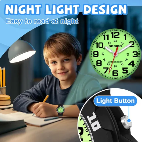 Miniatura 2 de SOCICO Reloj analógico para niños y niñas, resistente al agua, con banda suave, reloj de pulsera de tiempo de aprendizaje, fácil de leer para niños