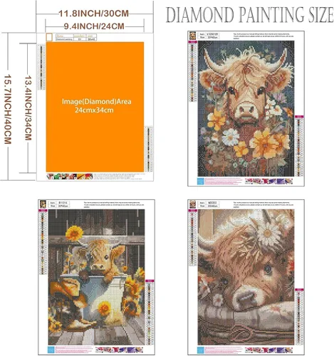 Miniatura 4 de Axquilon Kits de arte de diamantes para adultos, paquete de 3 kits de pintura de diamantes de vaca de las tierras altas para adultos, 5D redondo