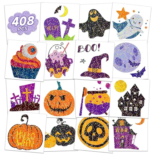 EMOME 408 piezas de tatuajes de Halloween con purpurina para niños, lindas calcomanías temporales de tatuajes para decoración de fiesta de
